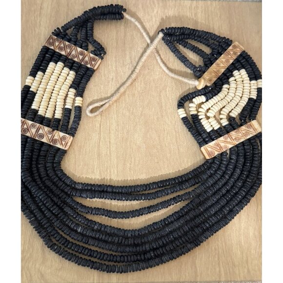 Vintage Tribal Multistrand Black White Beaded Necklace Carved Accents Southwest - Picture 2 of 8